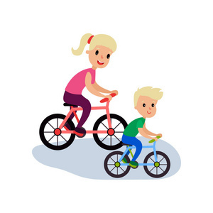 两个幸福的家庭骑在大串联自行车的插图。有趣的娱乐与孩子。卡通人物用笑脸表情表达。平面矢量设计